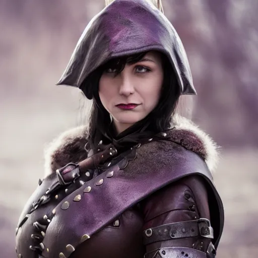 Image similar to anya charlota as a medieval fantasy tolkien elf, dark purplish hair tucked behind ears, wearing leather with a fur lined collar, wide, muscular build, scar across the nose, one black, scaled arm, cinematic, character art, real life, 8 k, detailed.