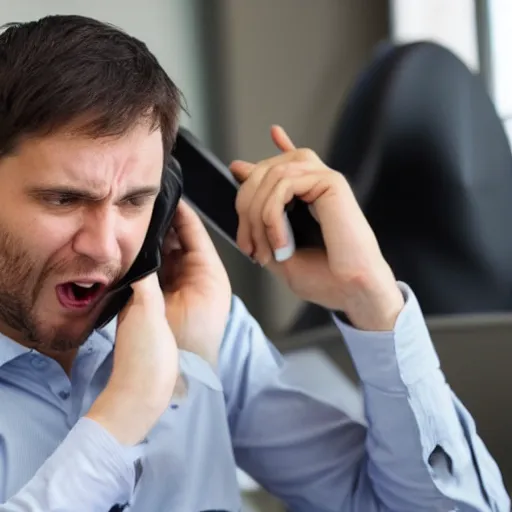 Image similar to a support engineer for an SD-WAN company deals with the same exact exasperated customer on the phone, dynamic pose