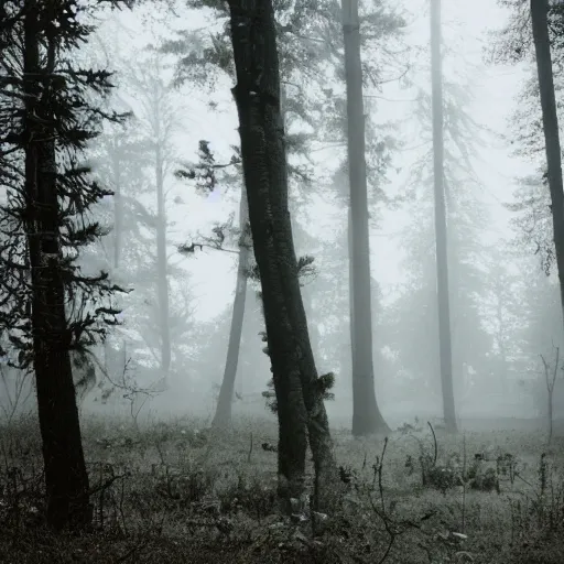 Prompt: found footage of a monster in the woods, atmospheric fog