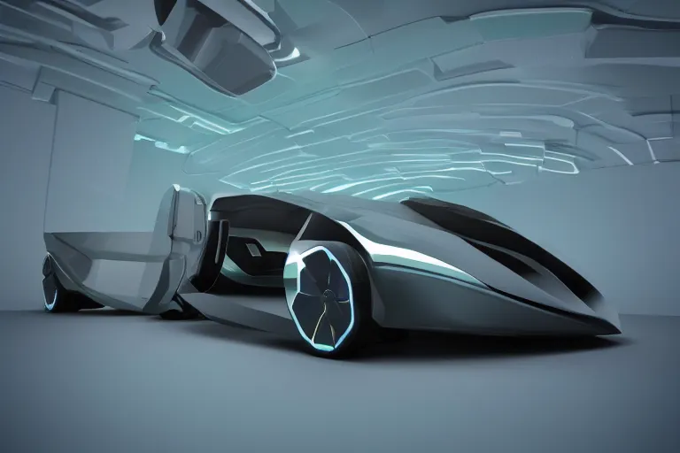 Prompt: futuristic concept car, cg, digital render, maya, blender, unreal engine, dark background