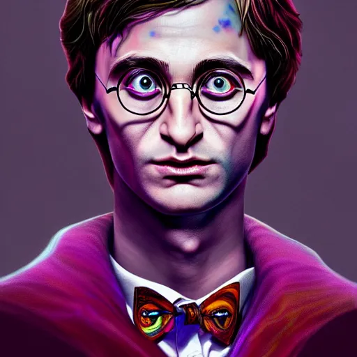 Prompt: An extremely psychedelic portrait of Harry Potter, surreal, LSD, face, detailed, intricate, elegant, lithe, highly detailed, digital painting, artstation, concept art, smooth, sharp focus, illustration