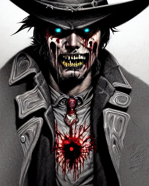 Image similar to mccree from overwatch, evil zombie, crazed look in his eyes, character portrait, portrait, close up, concept art, intricate details, highly detailed, horror poster, horror, vintage horror art, realistic, terrifying, in the style of michael whelan, beksinski, and gustave dore