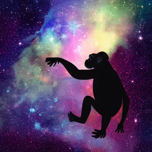 Image similar to a chimpanzee floating through outer space reaching out and touching nebula with it's finger, digital art, 8k