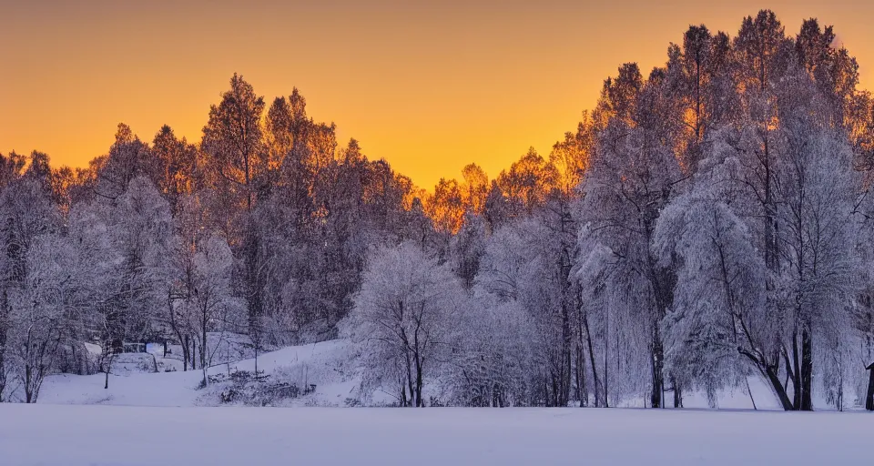 Image similar to winter in Scandinavia with snow hanging heavily from the trees, winter sunset