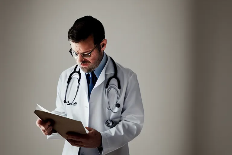 Image similar to a cinematic headshot portrait of an doctor reading his notes, moody lighting, movie still, shallow depth of field, muted colors