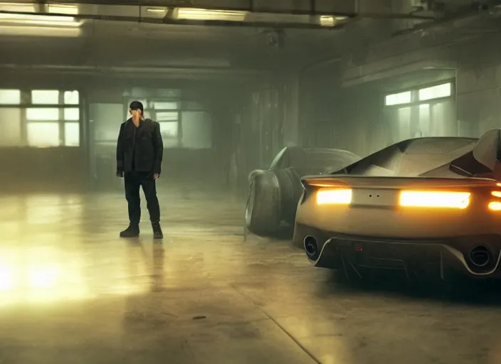 Image similar to Bladerunner 2049 scene man working on his sports car in small garage cluttered with tools parts dark atmospheric volumetric lighting grungy moody dark cinematic Roger Deakins Cinematography futuristic cyberpunk car R35 NSX R8 S14 Evo X Z06 ikuo maeda Newton Thomas Sigel bladerunner 2049 screen cap still