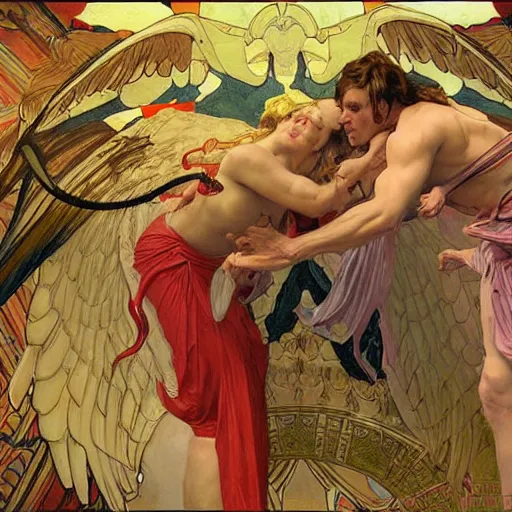 Image similar to angels wrestling demons, hyper realistic, digital painting. art station. mood lighting, highly detailed, concept art, intricate, sharp focus, by shaun and alphonse mucha berke - h 1 2 0 0