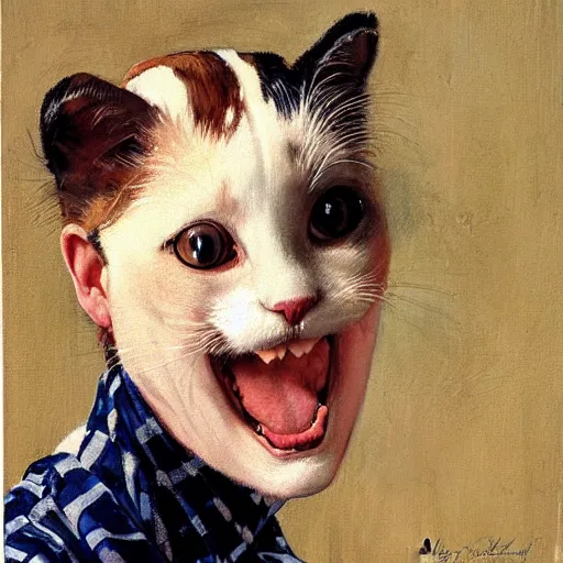 Prompt: Front portrait of a woman who cleverly uses casual clothing to look like a cat. A painting by Norman Rockwell.