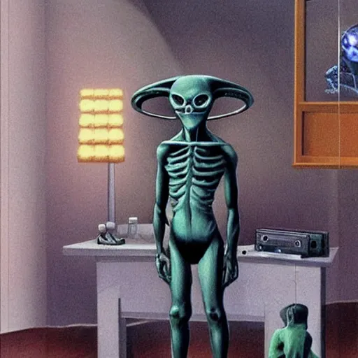 Prompt: alien watches tv to understand human culture, by gerald brom