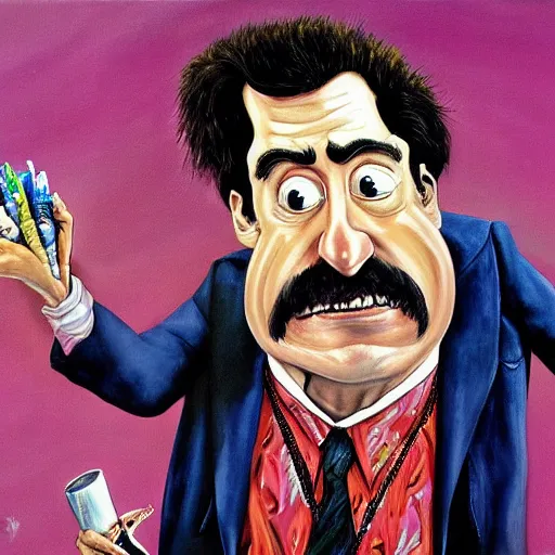 Image similar to a detailed painting jim carrey as borat by gerald scarfe and ralph steadman