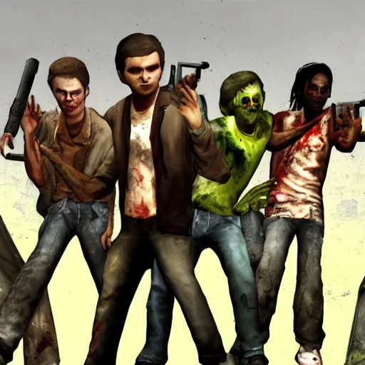 Image similar to michael cera in left 4 dead 2, hd screenshot, group photo, zombies in background