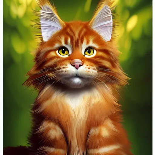 Prompt: orange maine coon, norwegian forest cat, cuddly fur, pixar cute, highly detailed, sharp focus, digital painting, artwork by Victor Adame Minguez + Yuumei + Tom Lovell + Sandro Botticelli