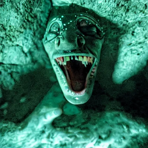 Prompt: photo inside a cavern of a wet reptilian humanoid rapper partially hidden behind a rock, with black eyes, open mouth and big teeth