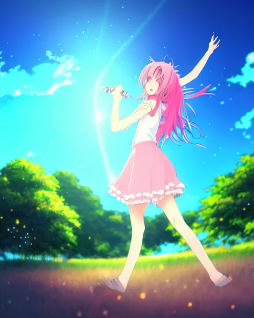 Prompt: anime style, vivid, full body, a cute girl with white skin and long pink wavy hair singing a song, heavenly, stunning, realistic light and shadow effects, happy, centered, landscape shot, happy, simple background, studio ghibly makoto shinkai yuji yamaguchi