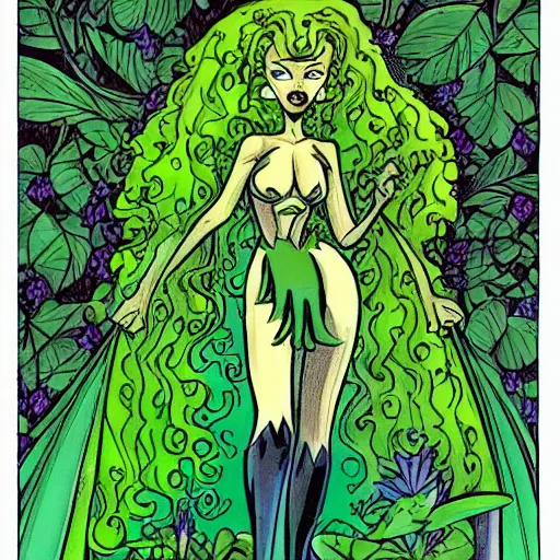 Image similar to Green Witch Walking, Garden, magical garden plant creatures, enchanted, life like plants, Drawn in the style of 1992 X-Men: The Animated Series, marvel comics by Jim Lee 1990's cartoon tv show, high detail, high accuracy