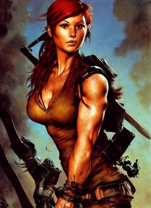 Image similar to portrait of tomb raider with red hair illustration by frank frazetta and boris vallejo