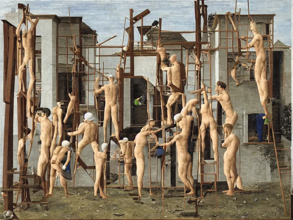 Image similar to Muscular workers renovating a house. Painting by Alex Colville, Piero della Francesca, Max Ernst.