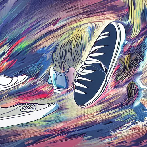 Image similar to Ultra detailed sneakers designed by Hayao Miyazaki, superresolution, HDR, futuristic sneakers