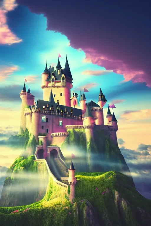 Prompt: beatiful castle in the clouds, romantic, atmospheric, wide shot, vaporwave colors, realistic, 4 k, volumetric lighting