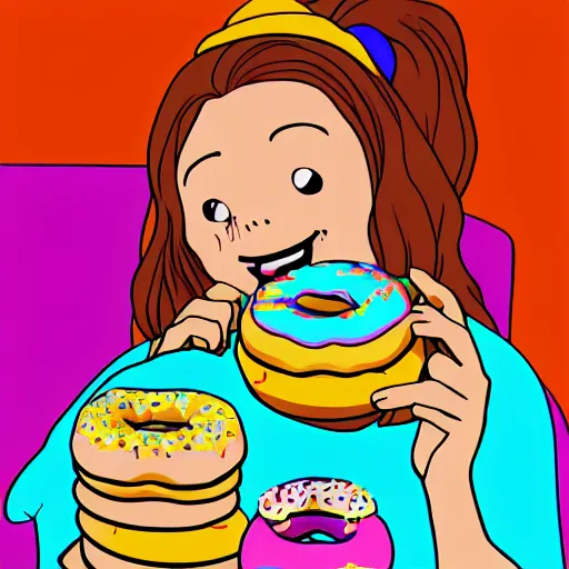 Prompt: Mabel Pines eating a donut, colourful, drawing, masterpiece, high detail, digital art