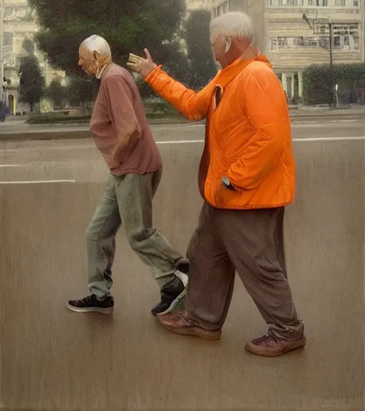 Image similar to : realistic photograph of an orange robot : helping an elderly man cross the street + by Edgar Maxence and Ross Tran