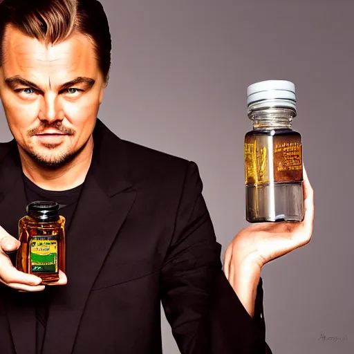 Image similar to detailed studio portrait of leoanrdo dicaprio holding tiny jar of tincture. watching at camera. studio light, polished look, solid background, ad, fashion photography, by pierpaolo ferrari and maurizio cattelan, 3 5 mm photograph, david lachapelle, canon eos c 3 0 0, 8 k