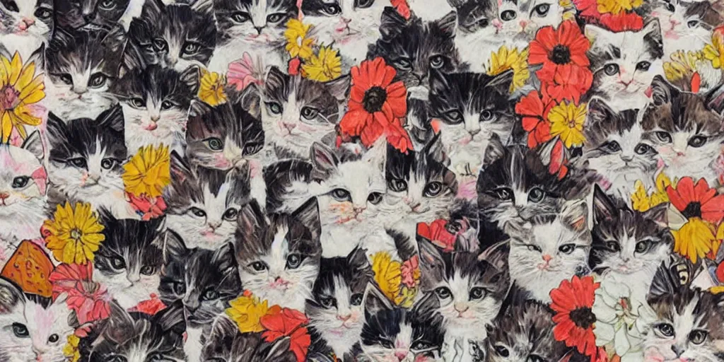 Prompt: a group of kitten by Sandra Chevrier, colorful geometric pattern, flowers