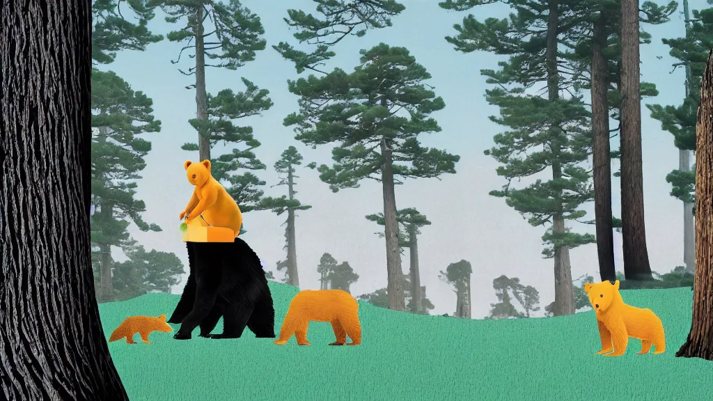 Image similar to a mama and baby bear at a seaside landscape with sequoia trees, japan, a collage painting, in the style of wes anderson, lola dupre, david hockney, isolated on negative white space background dark monochrome neon spraypaint accents volumetric octane render