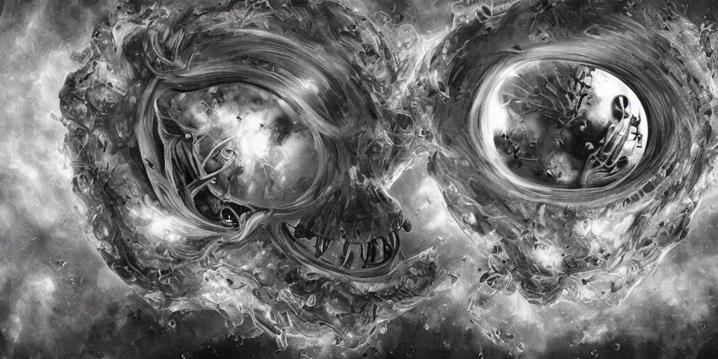 Prompt: a beautiful dreamy painting of a coronavirus inside a high-resolution television screen, laughing alien face, dark, sinister, detailed, art by M.C. Escher and Matt Lombardi and Greg Rutkowski-H 576