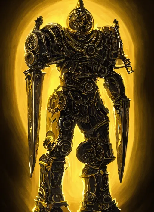 Image similar to full body, attack position abstract portrait of a intricate ornate holy mechanical warforged with circular glowing eye, character in yellow armor holding a paladin engraved great longsword drawn and carrying a big paladin shield, vertically flat head, face in focus, epic , trending on ArtStation, masterpiece, cinematic lighting, by Ross Tran and by Greg Rutkowski