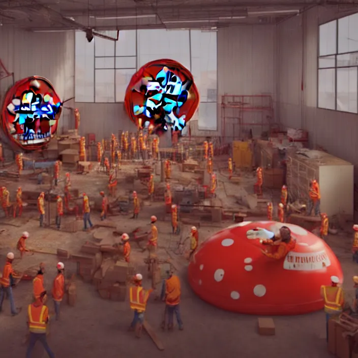 Prompt: crew of workers in red overalls building giant mickey mouse head in small workshop, octane render, 4 k ultra hd, hyper - detailed, realistic, low lighting, sharp focus, in style of beeple