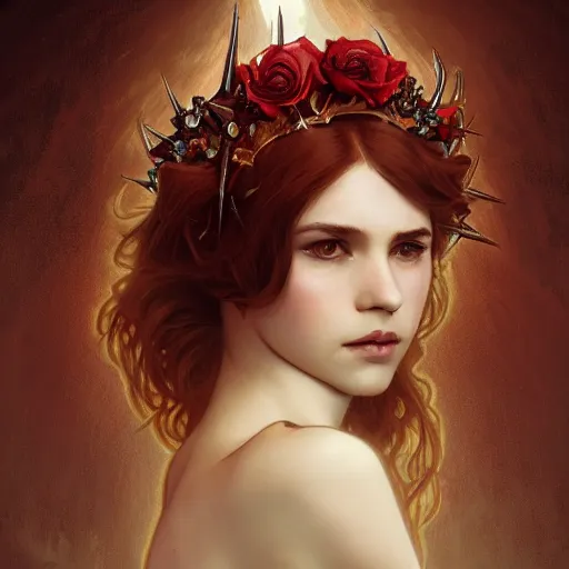 Image similar to portrait of very beautifull girl, thorn rose crown, thorn everywhere, headshot, pale skin, 4k, rule of thirds, extreme detail, detailed drawing, trending artstation, hd, fantasy, D&D, realistic lighting, by Alphonse Mucha, Greg Rutkowski, sharp focus, backlit, bright red hair, elegant