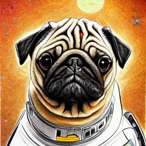 Image similar to pencil art, golden - ratio, spirals, highly detailed, astronaut pug in outer space by davinci.