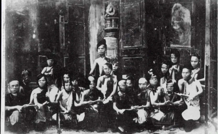 Image similar to secret society in bangkok 1 9 2 0, summoning spirit, black and white photography