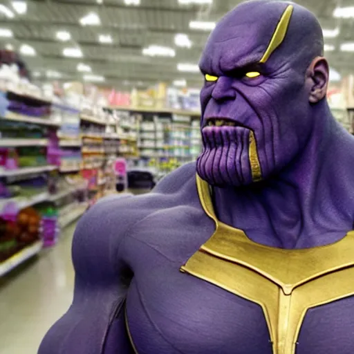 Image similar to thanos looking for his mom at wallmart, sharp focus