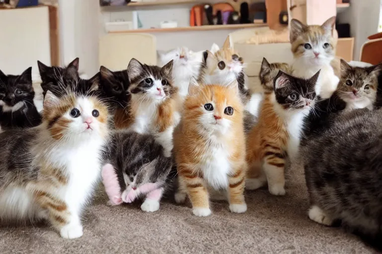 Image similar to a living room full of cute kittens that are all facing the camera