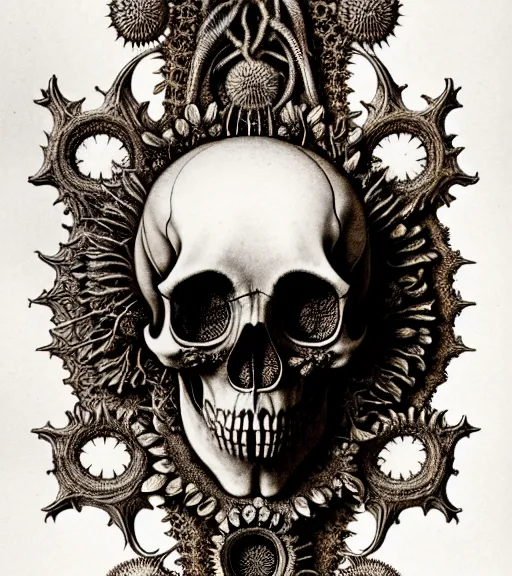 Image similar to art forms of nature by ernst haeckel, memento mori by arthur rackham, ornate antique porcelain beautiful skull mask, ultrasharp, photorealistic, hyperdetailed, octane render, polished, art nouveau, neo - gothic, gothic, intricate ornamental organic filigree, art nouveau botanicals, art forms of nature by ernst haeckel, horizontal symmetry, symbolist, visionary