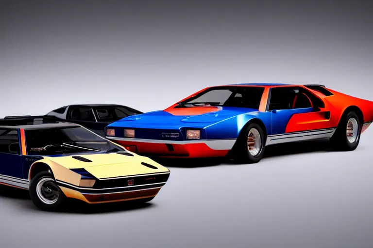 Image similar to designed by giorgetto giugiaro stylized poser of a single 1 9 6 9 fastback mustang ( mk 2 ford gt 4 0 ) 1 9 8 2 firebird transam delorean, large led lights, ektachrome photograph, volumetric lighting, f 8 aperture, cinematic eastman 5 3 8 4 film