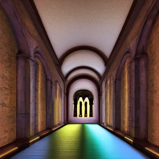 Prompt: a long colorful asylum hallway at night, arched ceiling, one point perspective, vanishing point, symmetrical composition, rich colors, dramatic lighting, by lee madgwick, photorealistic, v - ray render 8 k uhd