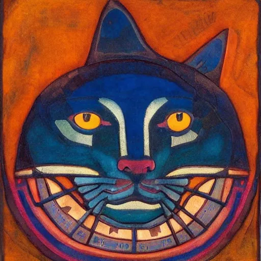 Image similar to polychrome cat head sculpture, by annie swynnerton and diego rivera and nicholas roerich, symbolist, dramatic lighting, god rays, elaborate geometric ornament, art brut, rich colors, smooth sharp focus, extremely detailed, adolf wolfli