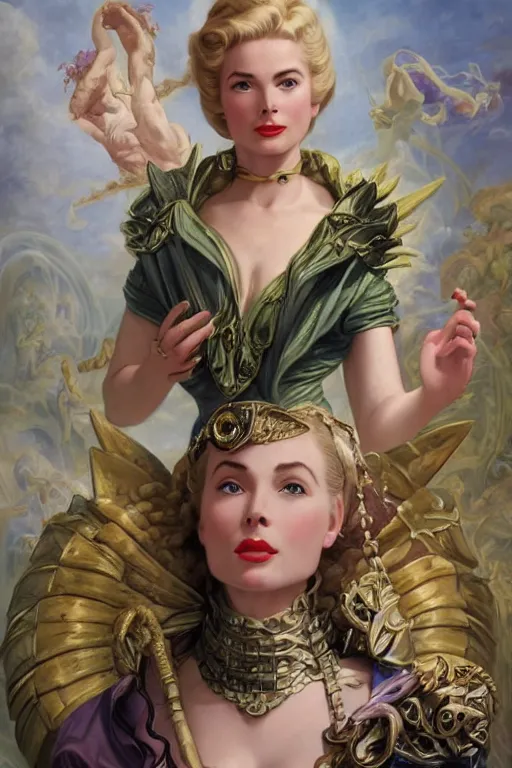 Image similar to A fantasy comic book style portrait painting of Grace Kelly, as an Atlantean Reptilian Warrior, Mystical Valkyrie, François Boucher, Oil Painting, unreal 5, DAZ, hyperrealistic, octane render, Regal, Refined, Detailed Digital Art, RPG portrait, William-Adolphe Bouguereau, Michael Cheval, Walt Disney (1937), Steampunk, dynamic lighting, Highly Detailed, Cinematic Lighting, Unreal Engine, 8k, HD