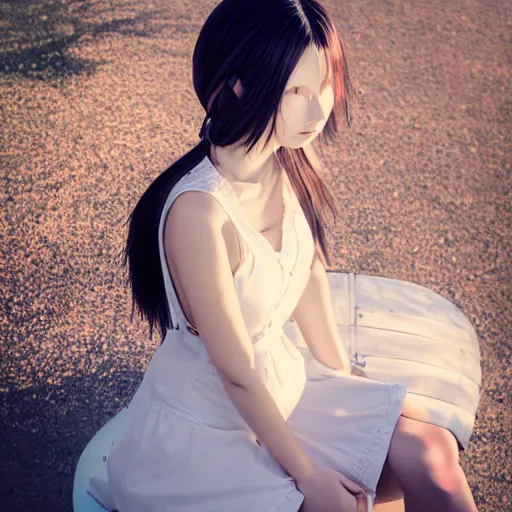 Image similar to anime kerli koiv young female model sitting on bench photography sun dress beautiful face and body, dramatic light 8 0 mm camera