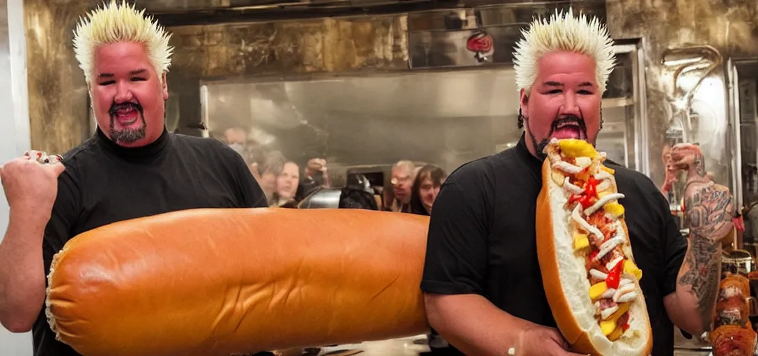 Image similar to guy fieri in a dim hallway, cradling the biggest hot dog in the world. the hot dog is extremely heavy.