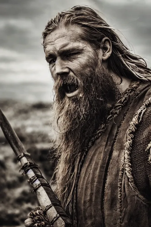 Image similar to realistic photograph of a rugged viking man in the middle of battle, highly detailed, cinematic, portrait, close - up,