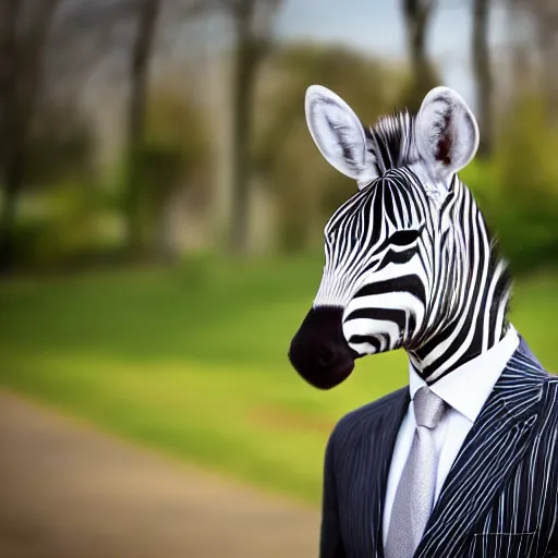 Prompt: zebra wearing a suit and tie, ready for a meeting, close outdoors business portrait