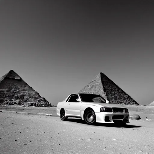 Image similar to vintage photo of nissan skyline r 3 4 near egypt pyramids, grayscale, photorealistic, highres