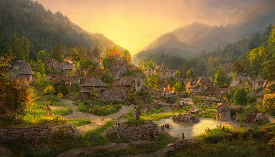 Image similar to medieval village built at the foot of humongous green mountains with forest and lake, fireplace, crowded paths, sunrise, hyperdetailed, artstation, cgsociety, 8 k