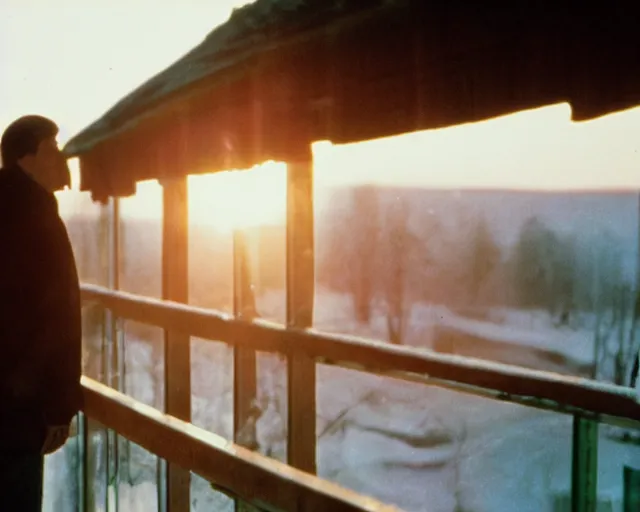 Image similar to award - winning lomographic tarkovsky film still of 4 0 years russian man with beard and sweater standing on small hrushevka 9 th floor balcony in taiga looking at sunset, cinestill, bokeh