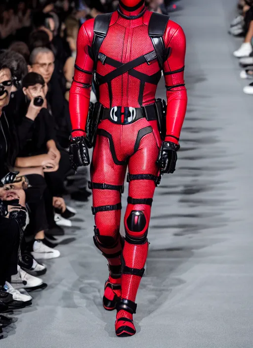 Image similar to hyperrealistic and heavy detailed balenciaga runway show of deadpool, leica sl 2 5 0 mm, vivid color, high quality, high textured, real life