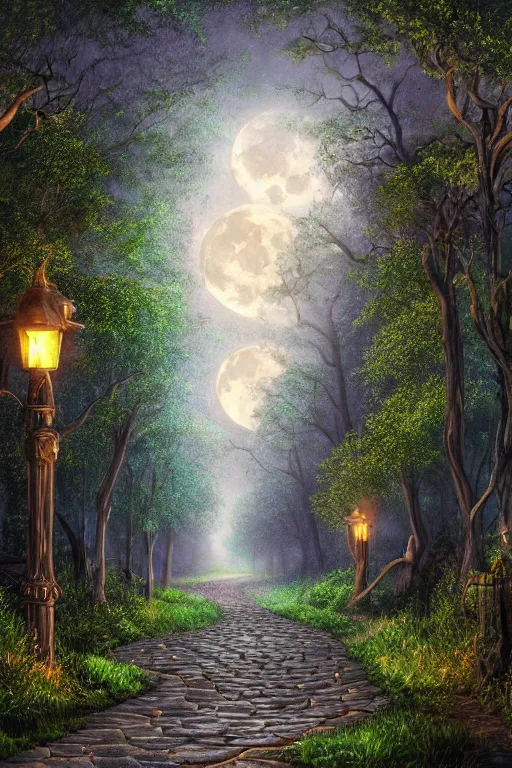 Image similar to a beautiful digital illustration painting of a detailed gothic fantasy fireflies forest trees and iron gate cobblestone pathway vines full moon by james gurney, 8 k resolution trending on artstation concept art digital illustration